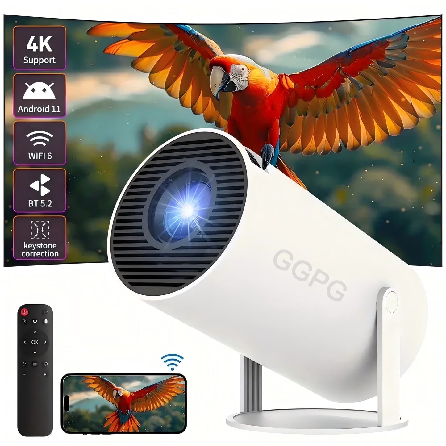 Compact smart projector with Android 11, WiFi 6 and Bluetooth for home entertainment