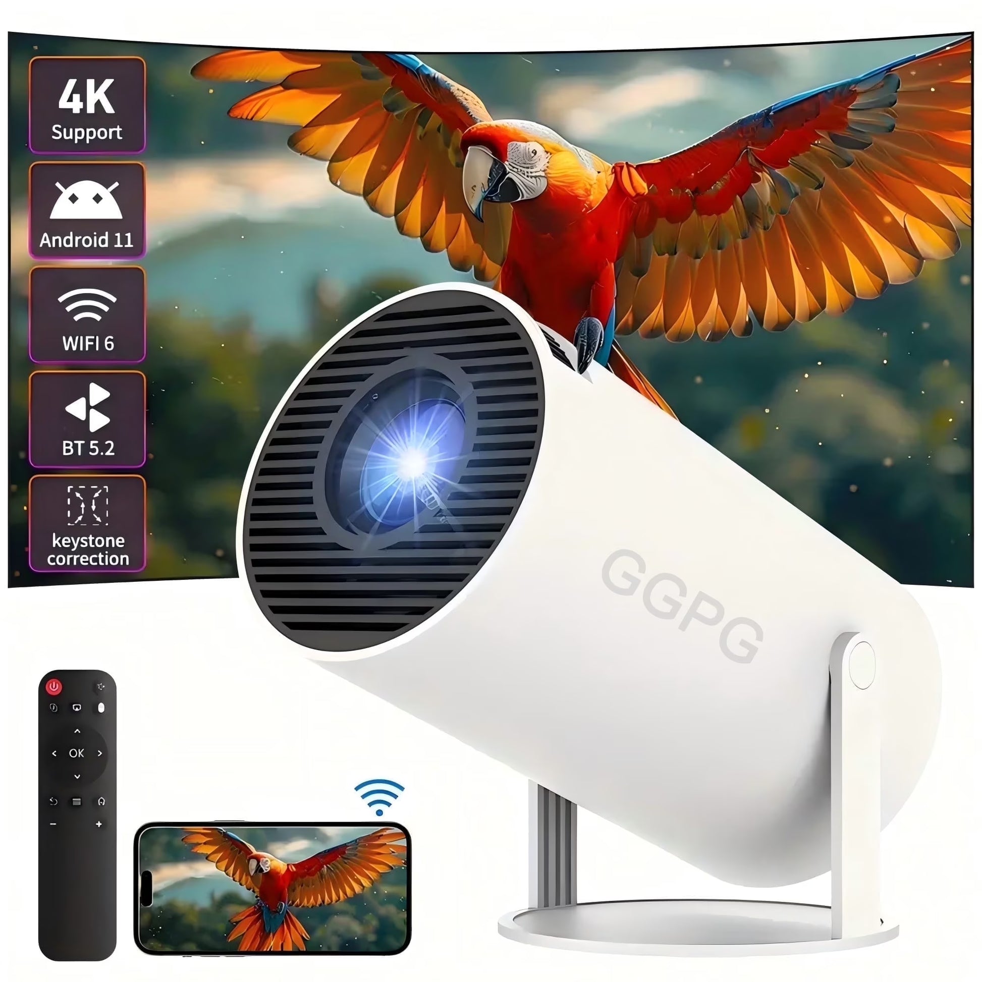 Compact smart projector with Android 11, WiFi 6 and Bluetooth for home entertainment