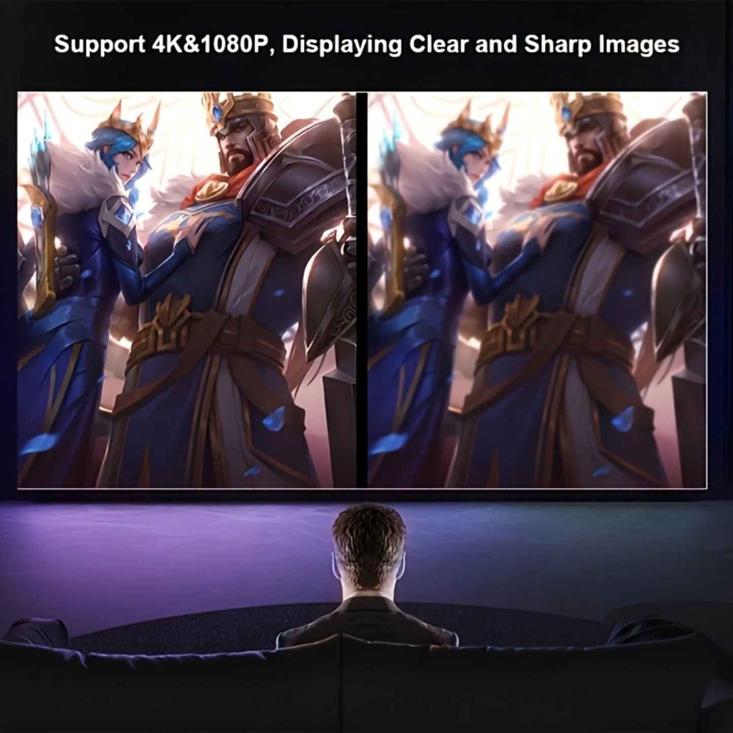 Home theater setup using a portable projector with 200-inch display for movie nights