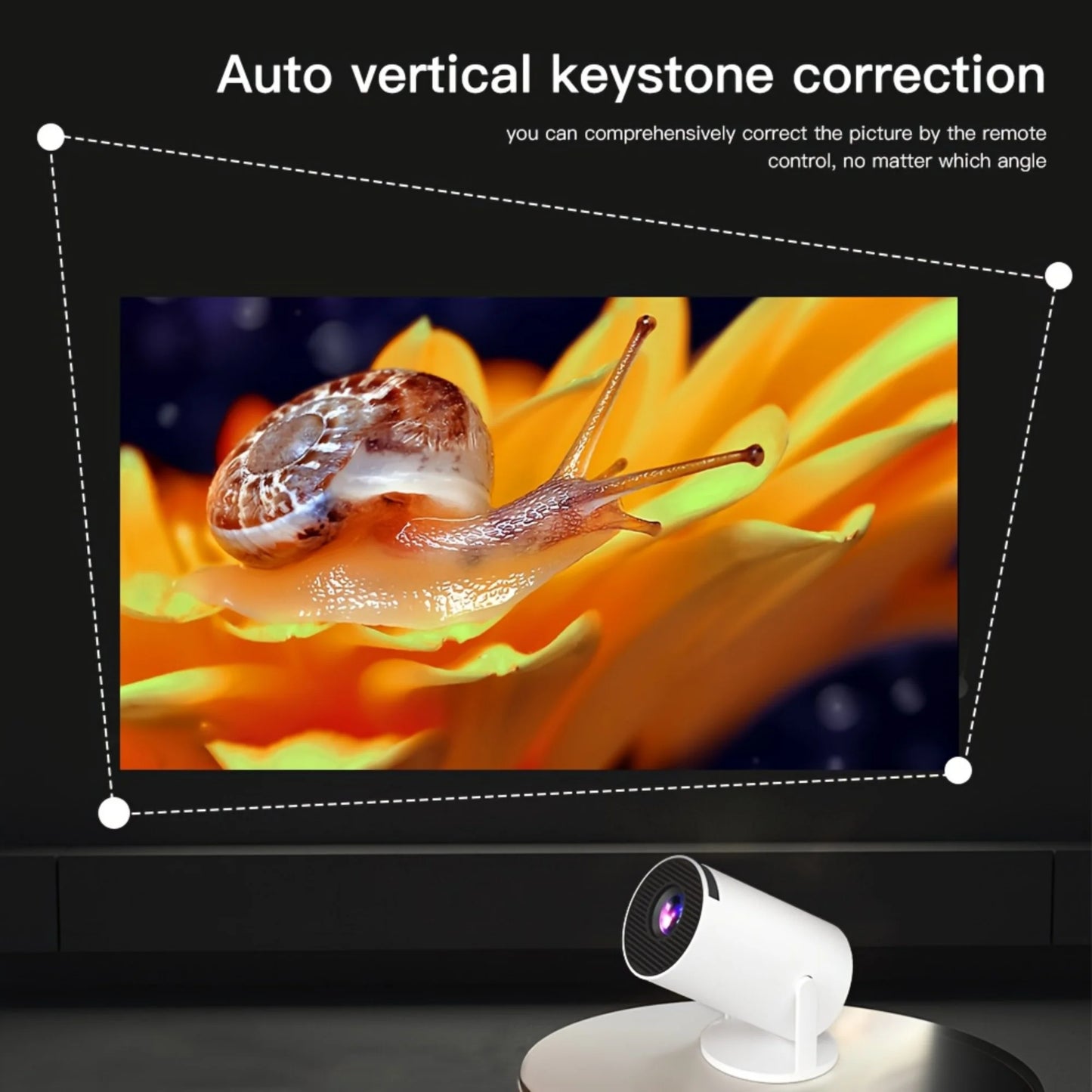 "HY300 Pro projector with automatic vertical keystone correction for perfectly aligned image at any angle"