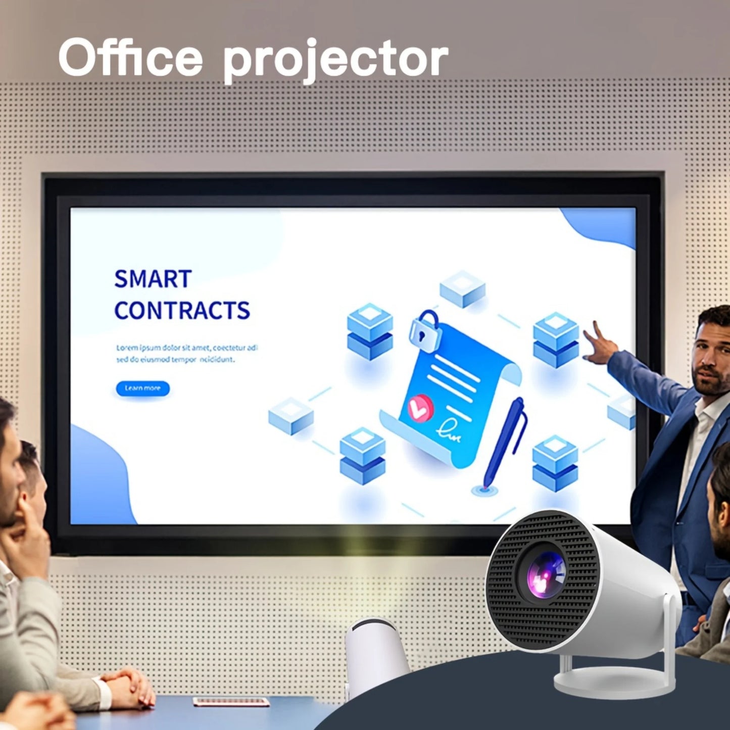 HY300 Pro portable office projector showing business presentation with clear and bright display