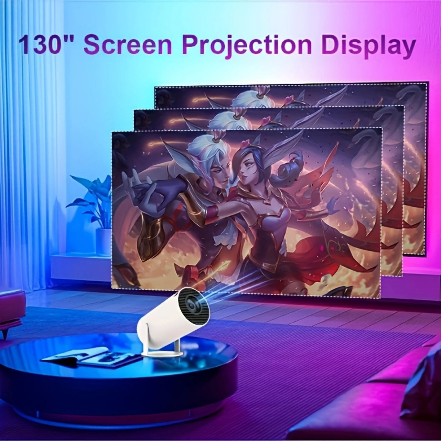  Mini HD projector displaying large bright screen with auto keystone correction, ideal for movies and gaming