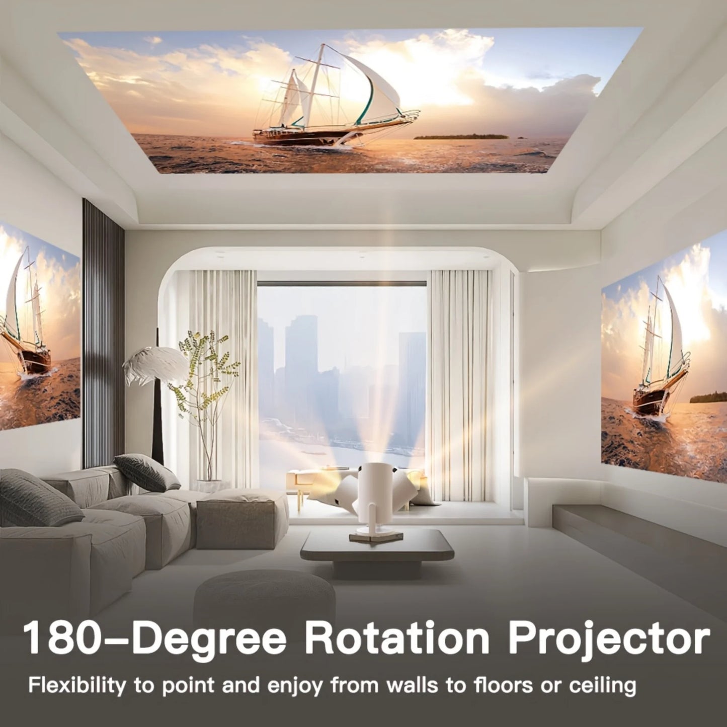 Portable projector with 180 degree rotation and flexible mounting for versatile viewing angles