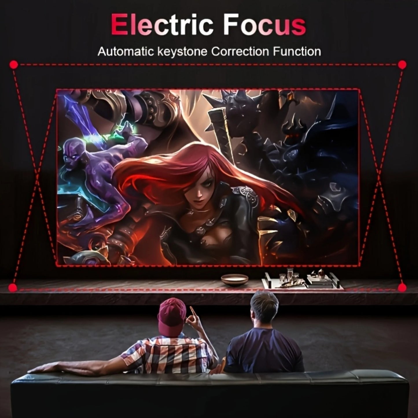 Portable smart projector with electric focus and automatic keystone correction showing large HD screen